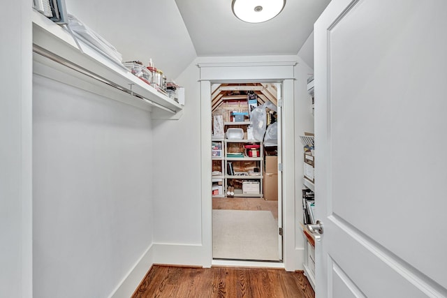 walk in closet featuring vaulted ceiling and wood finished floors