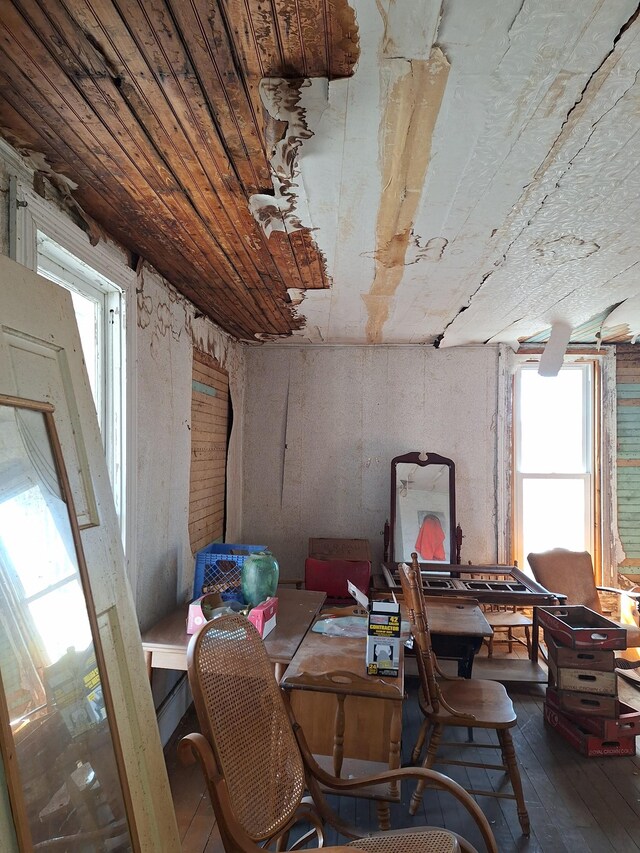 dining area featuring wood ceiling and wood finished floors