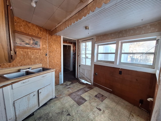 bathroom featuring a sink and wood walls