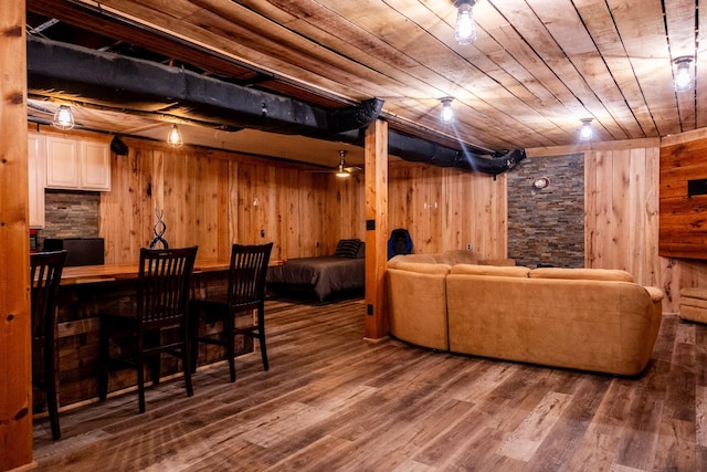 interior space featuring wood ceiling, dark wood finished floors, and wooden walls