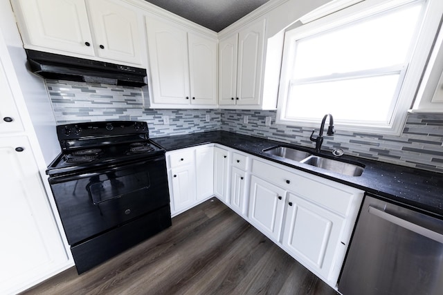 kitchen with electric range, dishwasher, under cabinet range hood, white cabinetry, and a sink