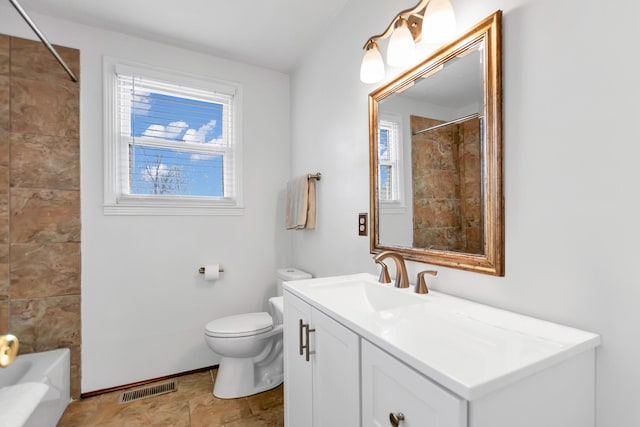 bathroom with baseboards, visible vents, toilet,  shower combination, and vanity