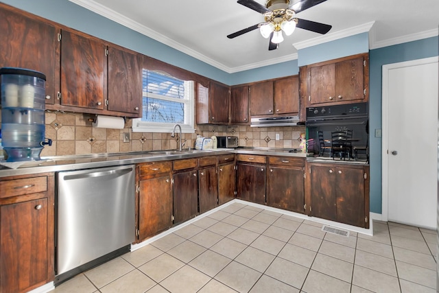 kitchen featuring light tile patterned floors, ornamental molding, stainless steel dishwasher, backsplash, and black oven