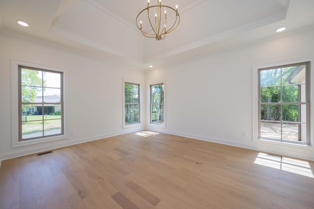 spare room featuring a healthy amount of sunlight, visible vents, and a raised ceiling