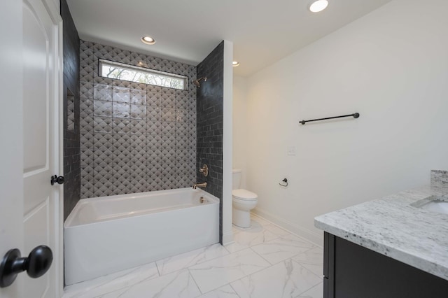 bathroom with toilet, recessed lighting, bathing tub / shower combination, vanity, and marble finish floor