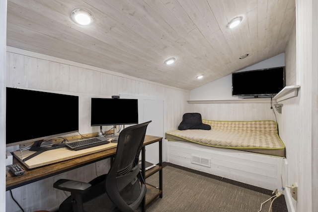 home office with vaulted ceiling, wooden ceiling, visible vents, and recessed lighting