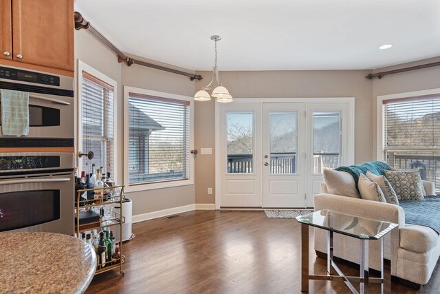 interior space with hanging light fixtures, a healthy amount of sunlight, double oven, and brown cabinets