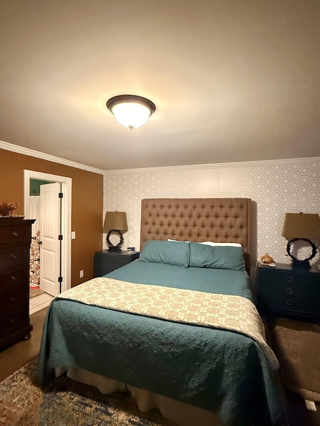 bedroom featuring wallpapered walls and ornamental molding