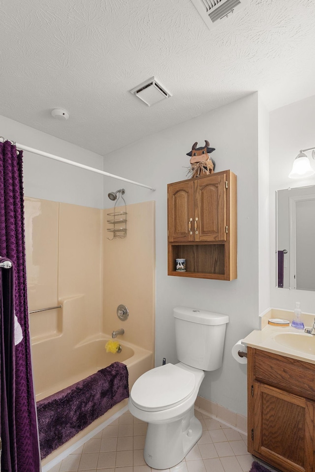 full bath featuring shower / tub combo, visible vents, toilet, tile patterned flooring, and vanity