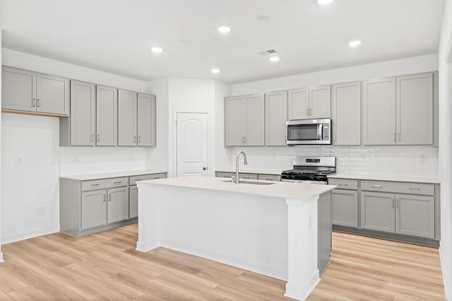 kitchen featuring light countertops, visible vents, appliances with stainless steel finishes, a kitchen island with sink, and a sink