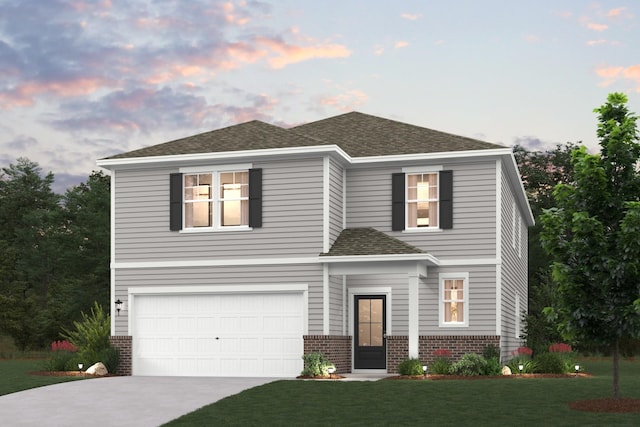 view of front of property featuring a garage, a shingled roof, concrete driveway, a front lawn, and brick siding