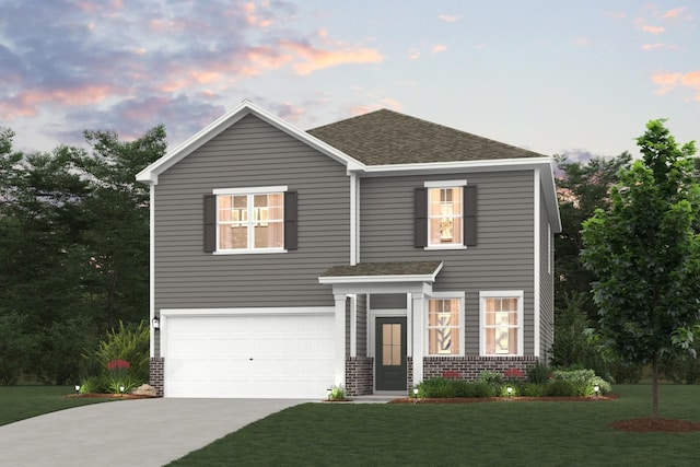 view of front facade featuring a garage, brick siding, a shingled roof, concrete driveway, and a yard