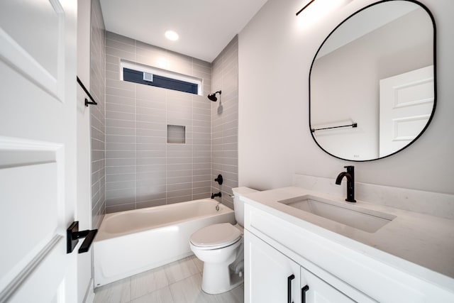 bathroom featuring toilet, shower / bathtub combination, vanity, and recessed lighting