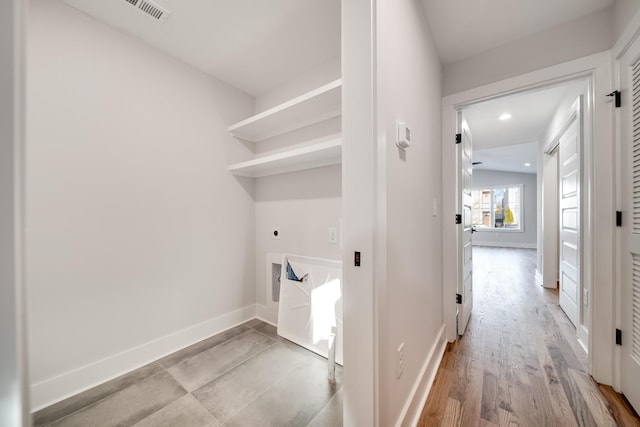 laundry room featuring recessed lighting, visible vents, hookup for an electric dryer, laundry area, and baseboards