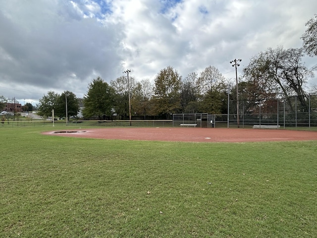 view of community with a lawn and fence