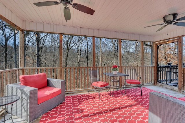 sunroom with wood ceiling, plenty of natural light, and ceiling fan