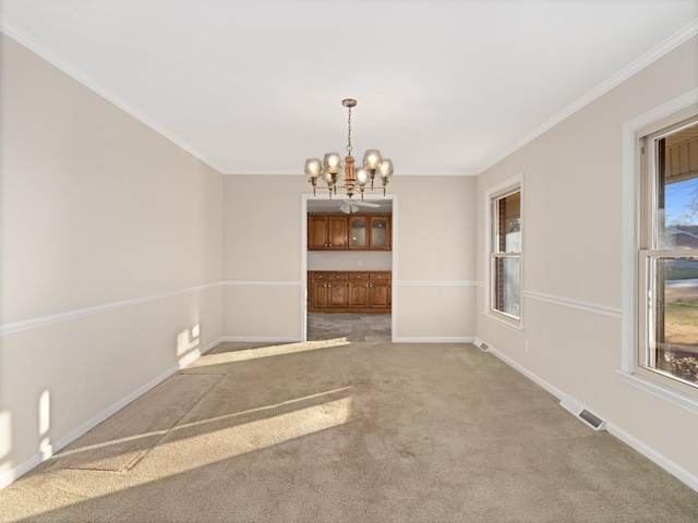 unfurnished dining area with a chandelier, plenty of natural light, light carpet, and baseboards