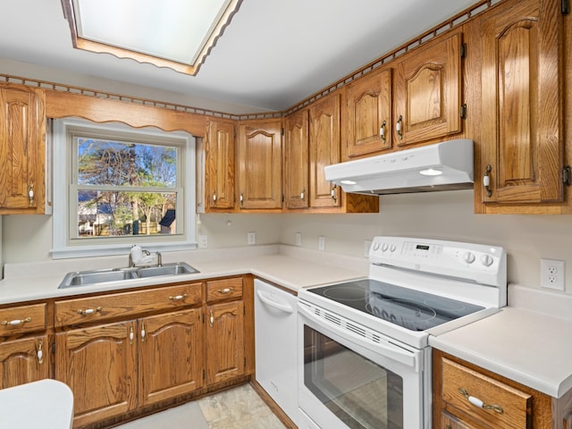 kitchen featuring under cabinet range hood, white appliances, a sink, light countertops, and brown cabinets