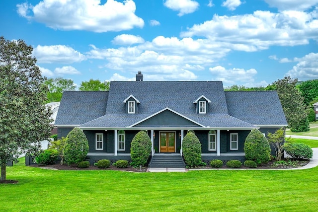 view of front of home with roof with shingles, a chimney, and a front lawn