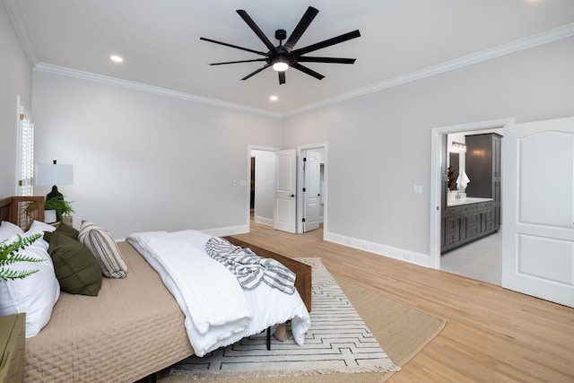 bedroom with recessed lighting, crown molding, light wood-style flooring, and baseboards