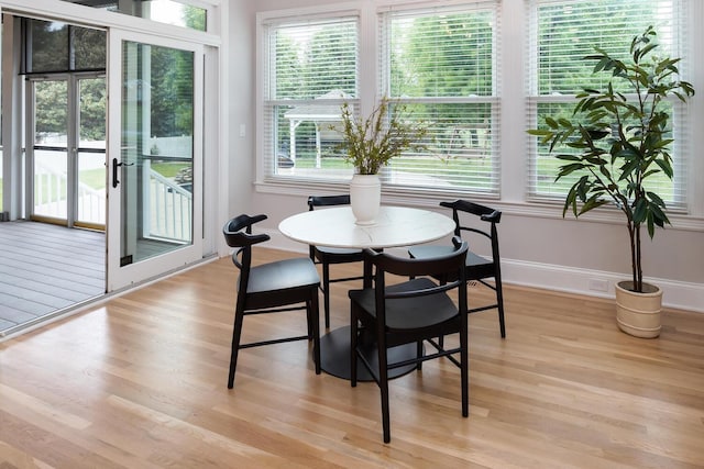 dining area with light wood finished floors and baseboards