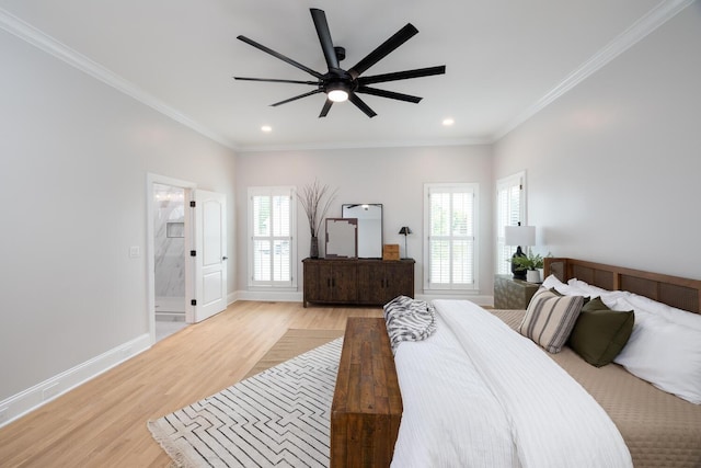 bedroom with light wood-style flooring, ornamental molding, baseboards, and recessed lighting