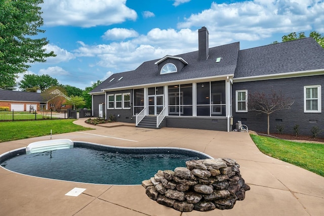 back of house featuring a fenced in pool, a chimney, a sunroom, crawl space, and fence