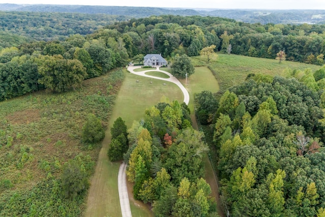 aerial view featuring a wooded view