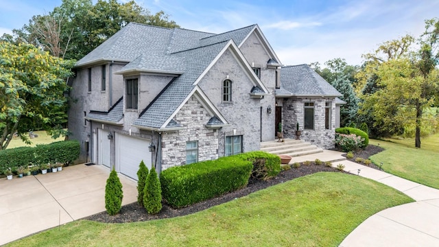 view of front of house with a garage, driveway, roof with shingles, and a front yard