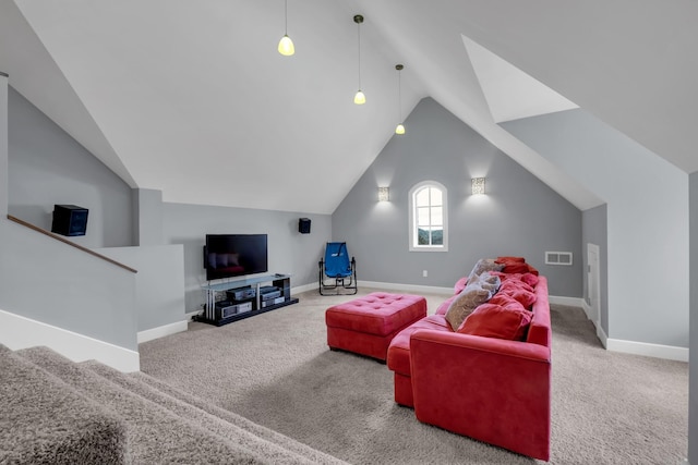 living room featuring lofted ceiling, carpet flooring, visible vents, and baseboards