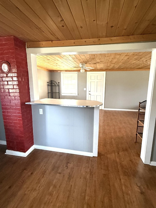 237 County Farm Rd, Ethridge, TN 38456 - kitchen with dark wood-style flooring, wooden ceiling, and a peninsula