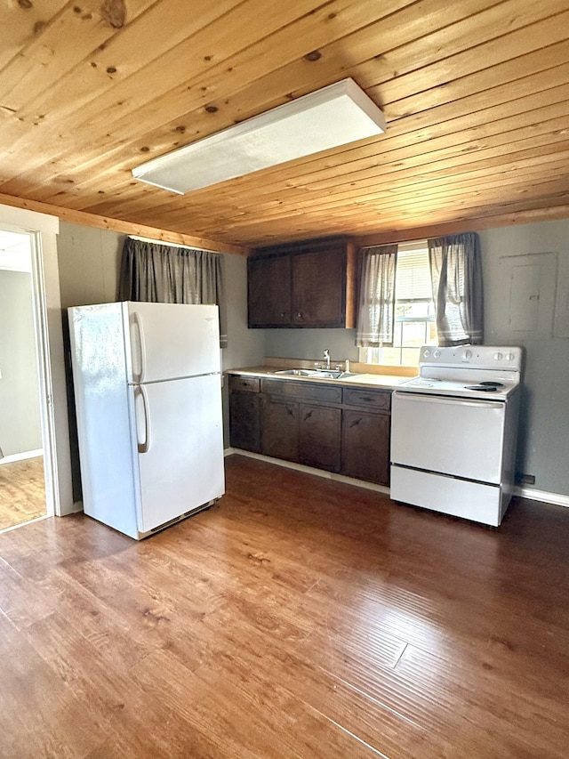 237 County Farm Rd, Ethridge, TN 38456 - kitchen with dark brown cabinetry, white appliances, light wood finished floors, wooden ceiling, and light countertops