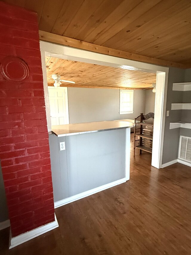 237 County Farm Rd, Ethridge, TN 38456 - kitchen with dark wood-style floors, wooden ceiling, and visible vents