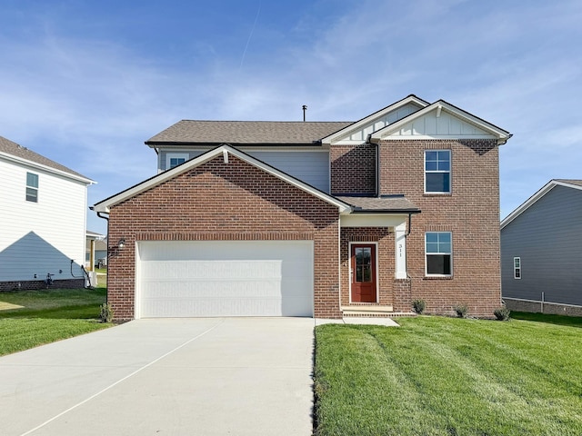 traditional-style home with an attached garage, brick siding, concrete driveway, a front lawn, and board and batten siding