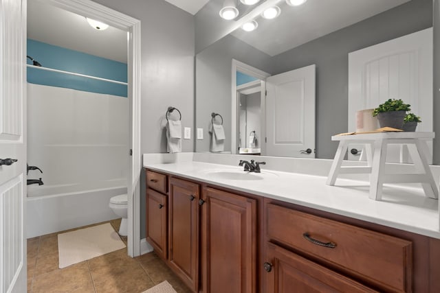 full bathroom with tile patterned flooring, shower / tub combination, vanity, and toilet