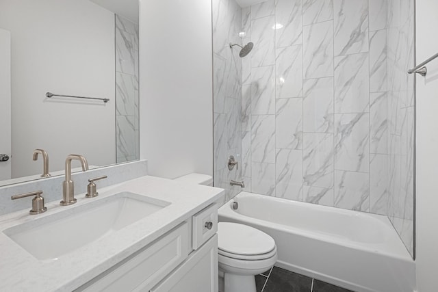 full bathroom featuring bathtub / shower combination, vanity, and toilet