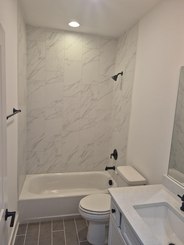 bathroom featuring shower / bathing tub combination, vanity, toilet, and recessed lighting