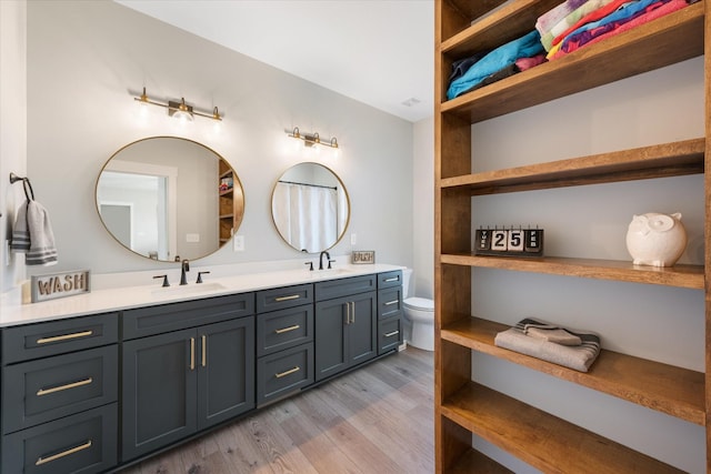 bathroom featuring double vanity, a sink, toilet, and wood finished floors