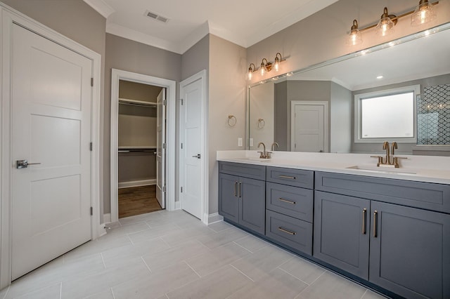 full bathroom featuring double vanity, a sink, visible vents, and a walk in closet