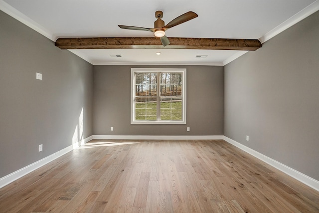 spare room featuring light wood-type flooring, beam ceiling, ceiling fan, and baseboards