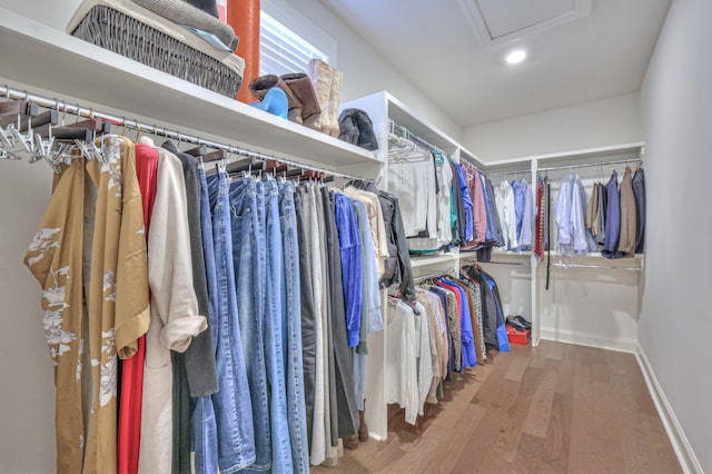 walk in closet featuring attic access and wood finished floors