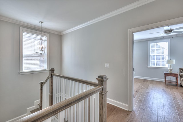 hallway with plenty of natural light, crown molding, and an upstairs landing