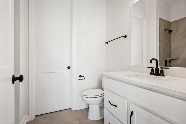 full bath with toilet, vanity, walk in shower, and tile patterned floors