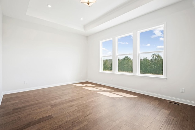 unfurnished room with visible vents, baseboards, a raised ceiling, and wood finished floors