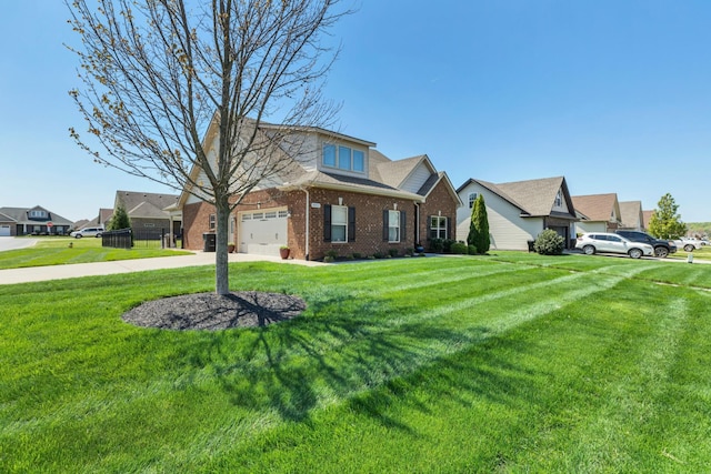 traditional-style home featuring concrete driveway, a front lawn, and brick siding