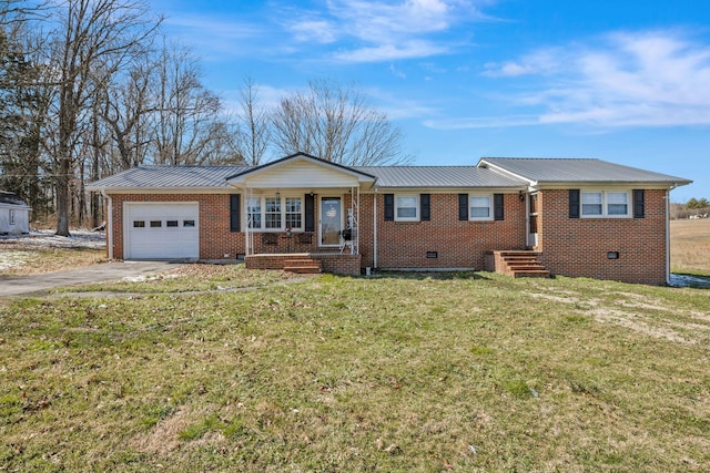 single story home featuring driveway, brick siding, crawl space, and an attached garage