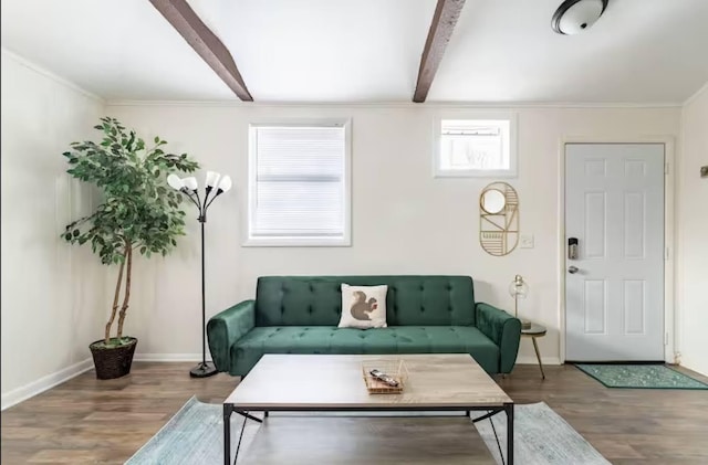 living area featuring ornamental molding, beamed ceiling, baseboards, and wood finished floors