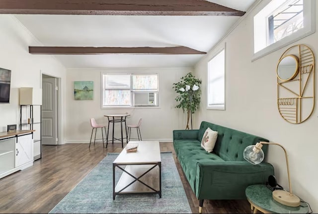 living room featuring cooling unit, dark wood-style flooring, lofted ceiling with beams, and baseboards