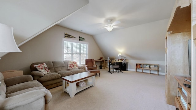 living room with lofted ceiling, carpet, baseboards, and a ceiling fan