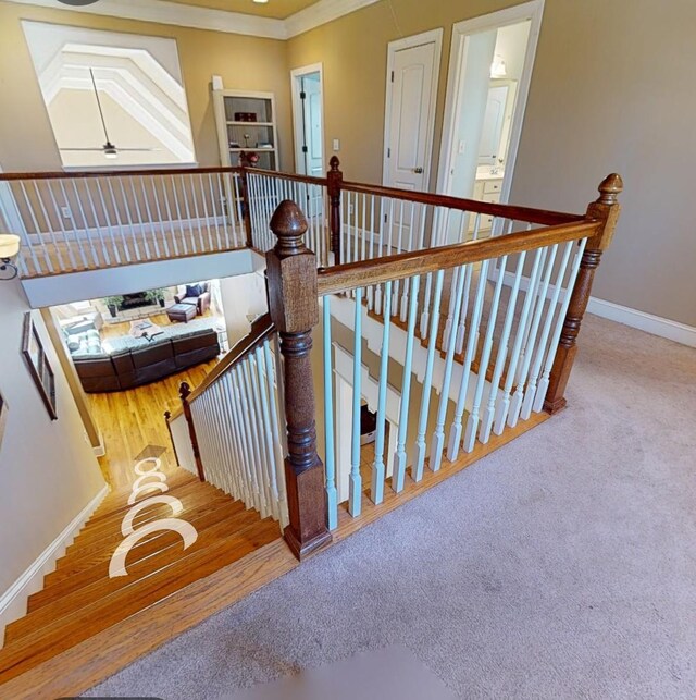 stairs with carpet, crown molding, baseboards, and a ceiling fan